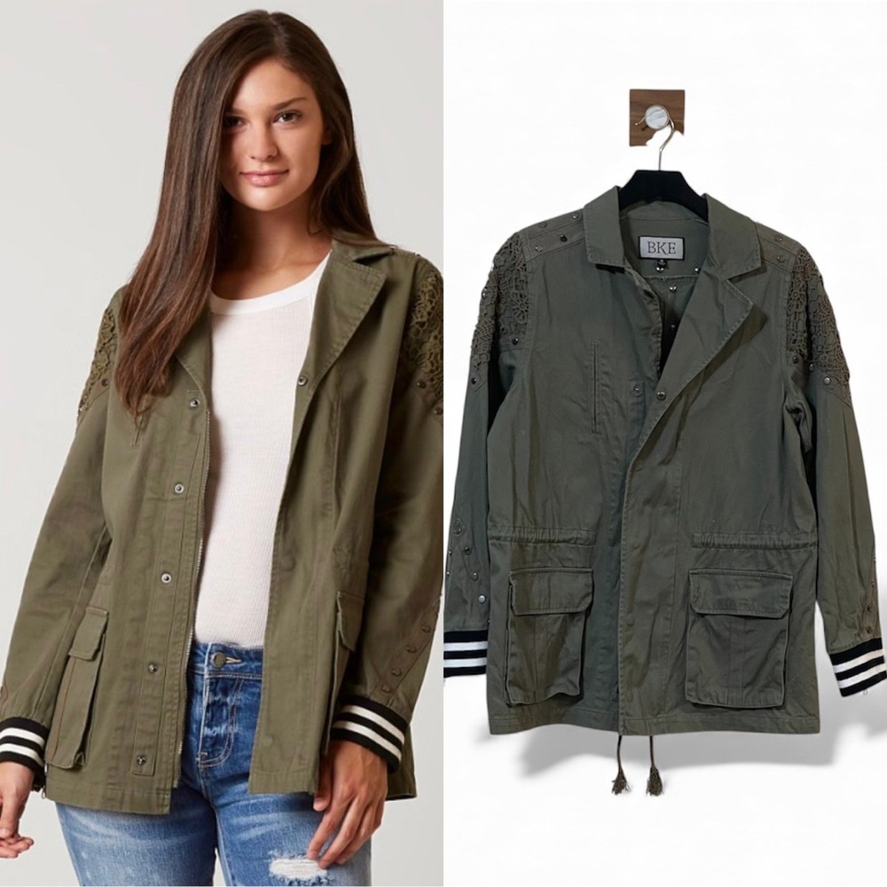 BKE Olive Green Utility Jacket Lace Studded Detail Striped Cuffs Women's Medium